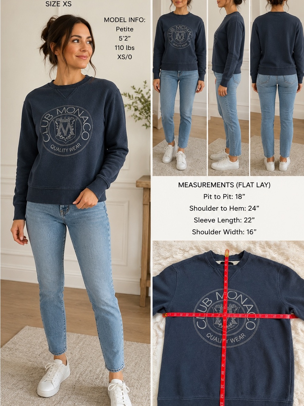 CLUB MONACO Quality Wear Logo Crewneck Sweatshirt XS Navy Fleece Lined Casual